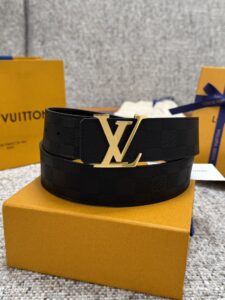 Louis Vuitton 3.5cm Belt for Men, 006 Black Check, Damier Infini Leather with Gold LV Buckle, Luxury Designer Dress Belt