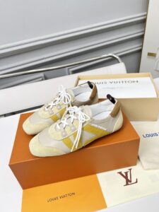 Louis Vuitton Beige Yellow Suede & Leather Retro Sneakers, Luxury Casual Women's Shoes