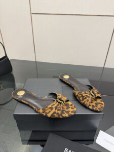 Saint Laurent Leopard Print Suede YSL Slide Sandals, Gold Logo Luxury Casual Women's Shoes