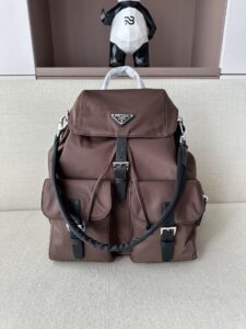 Prada Brown Nylon Leather Trim Backpack, Drawstring Buckle Closure Luxury Travel Bag