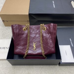 Saint Laurent Burgundy Crinkled Calfskin Quilted Tote Bag, Gold Hardware Luxury Handbag