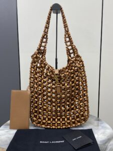 Saint Laurent Natural Wood Bead Woven Tote Bag, Gold Hardware Luxury Hobo Handbag