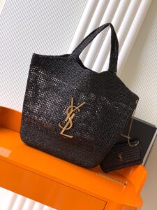 Saint Laurent Black Woven Straw Tote Bag with Detachable YSL Pouch, Antique Gold Hardware Luxury Beach Handbag