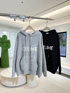 Celine Unisex Logo Print Knitted Hooded Sweater, Light Grey/Black, Luxury Casual Pullover