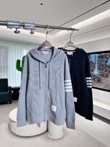 Thom Browne Unisex 4-Bar Ribbed Knit Zip-Up Hoodie, Light Grey/Navy, Luxury Casual Outerwear