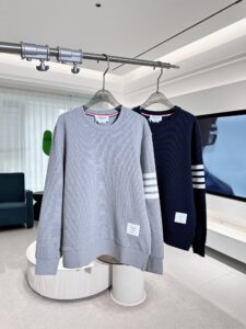 Thom Browne Unisex 4-Bar Ribbed Knit Crewneck Sweatshirt, Light Grey/Navy, Luxury Casual Pullover