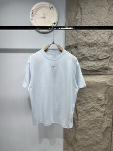 Christian Dior Unisex Oversized Logo Patch T-Shirt, Light Blue, Luxury Casual Short Sleeve Top