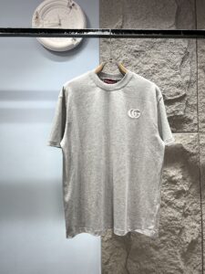 Gucci Unisex GG Logo Embroidered Oversized T-Shirt, Heather Grey, Luxury Casual Short Sleeve Top