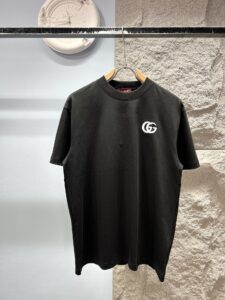 Gucci Unisex GG Logo Embroidered Oversized T-Shirt, Black, Luxury Casual Short Sleeve Top