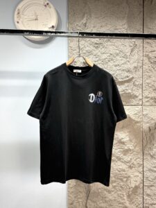Dior Unisex Evil Eye Totem Gradient Letter Embroidery Oversized T-Shirt, Black, Luxury Casual Short Sleeve Top
