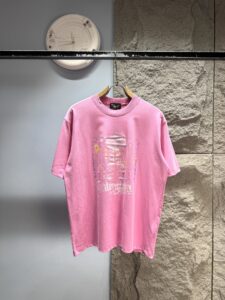 Balenciaga Unisex Vintage Architecture Gothic Letter Print Oversized T-Shirt, Pink, Luxury Casual Short Sleeve Top