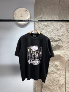 Balenciaga Unisex Fountain Architecture Gothic Letter Print Oversized T-Shirt, Black, Luxury Casual Short Sleeve Top