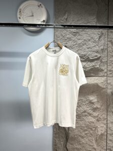 Loewe Unisex Classic Golden Anagram Embroidery Oversized T-Shirt, White, Minimalist Luxury Casual Short Sleeve Top