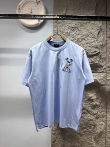 Fendi Unisex Cute Puppy Embroidery Oversized T-Shirt, Baby Blue, Playful Luxury Casual Short Sleeve Top